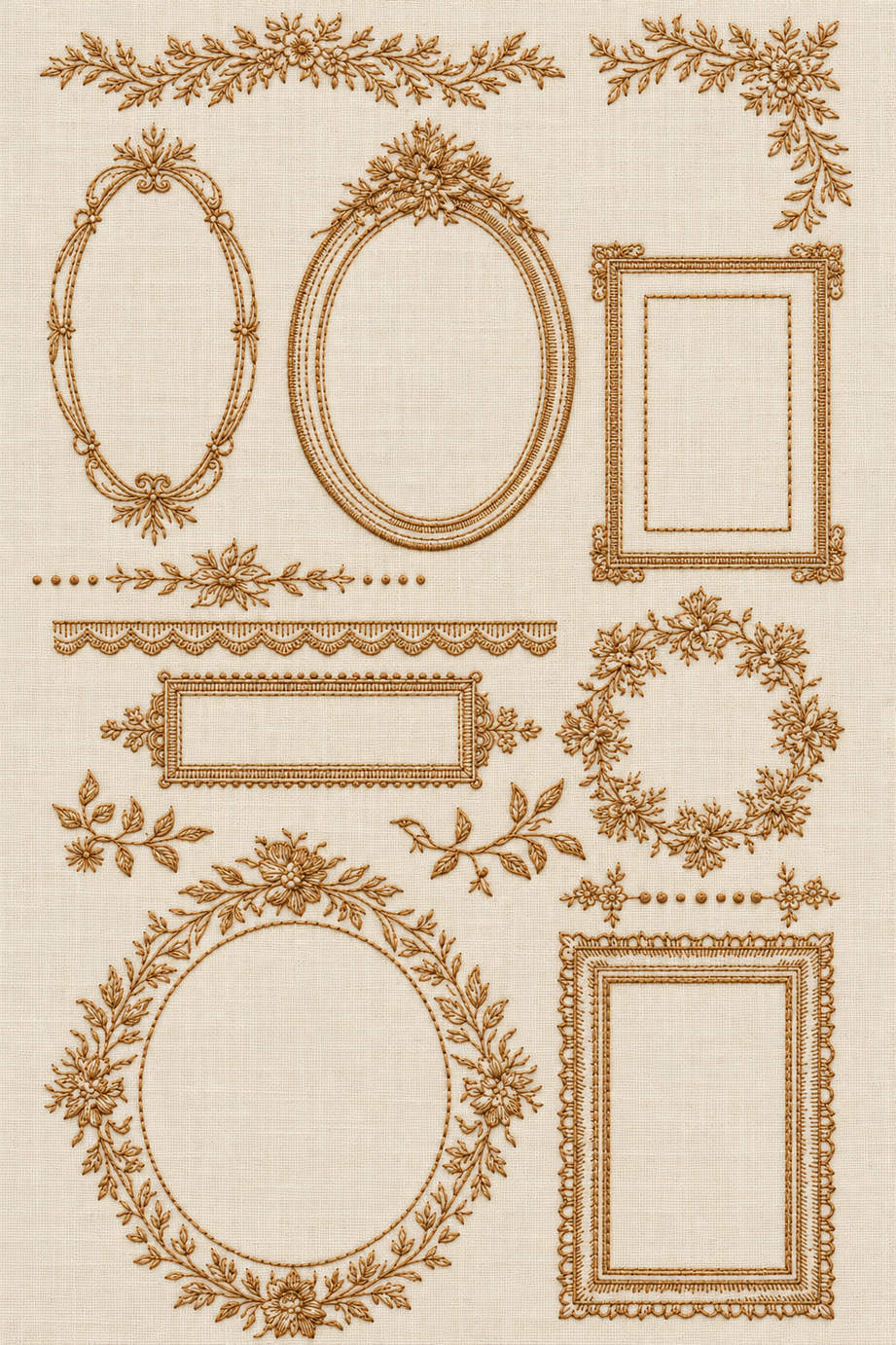 Embroidery visualization of seven open frames and floral borders in one antique ochre matte cotton thread color on warm ivory linen.