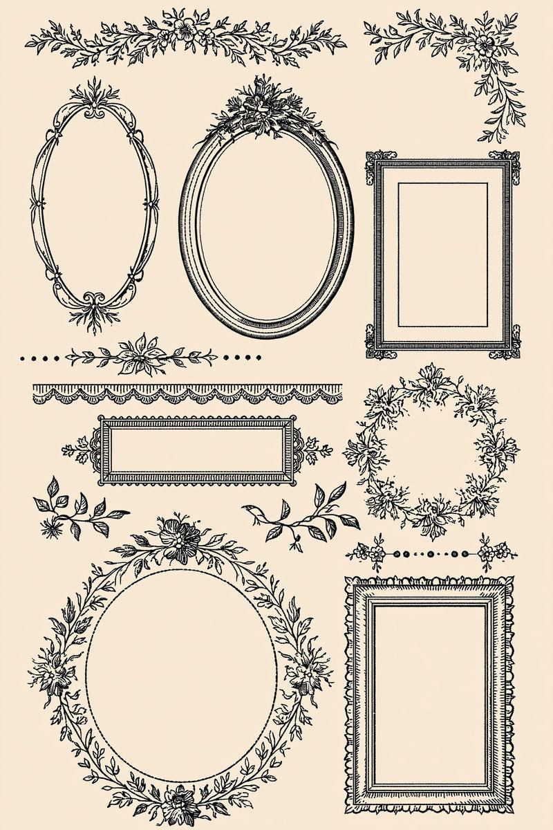 Original design plate of seven open frames and floral borders from Single Color Embroidery Designs Edition Four.
