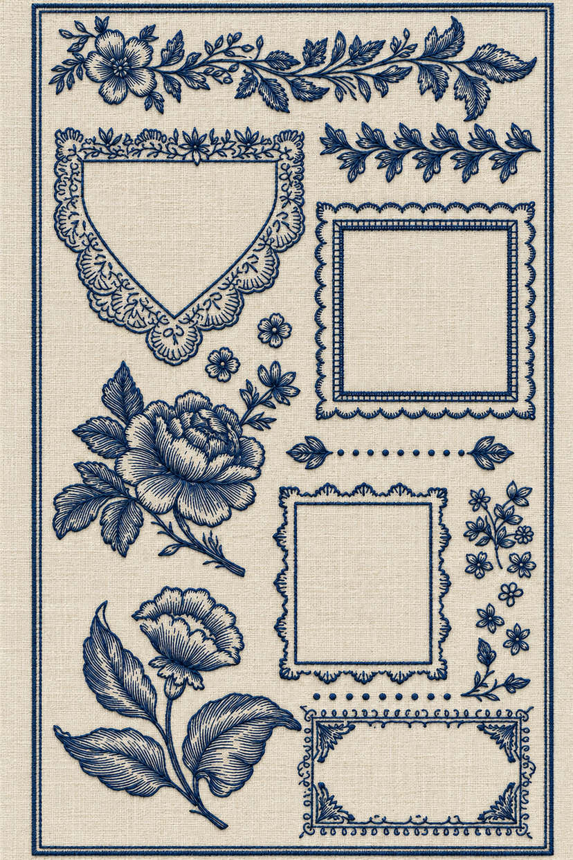 Embroidery visualization of shield three rectangular frames and floral bands in one deep ink blue matte cotton thread color on warm ivory linen.