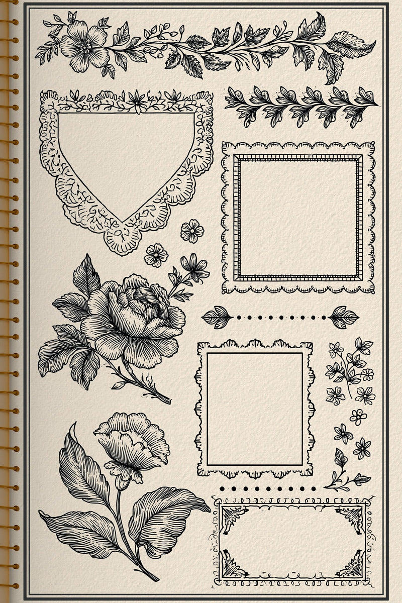 Original design plate of shield three rectangular frames and floral bands from Single Color Embroidery Designs Edition Four.