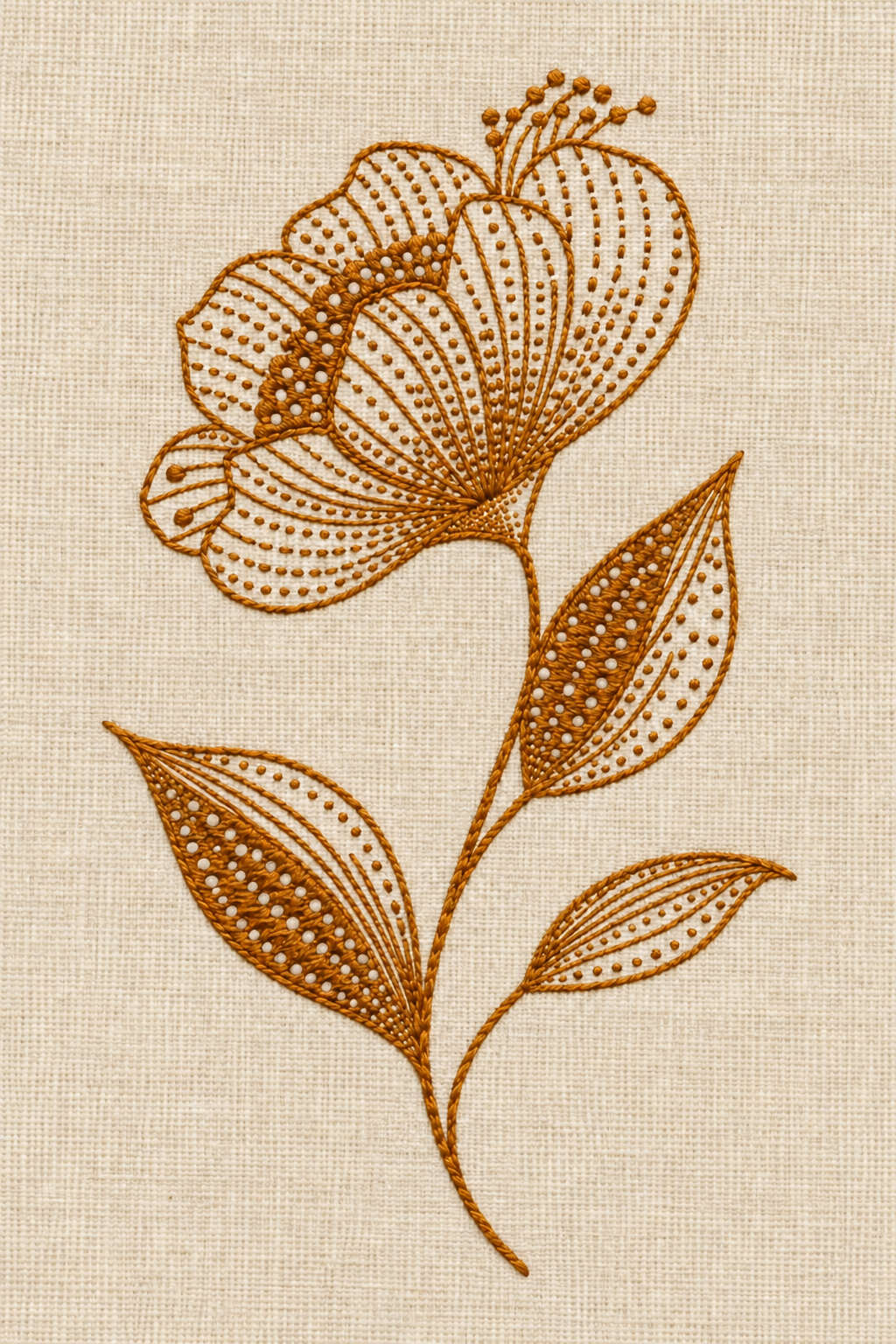 Embroidery visualization of single dotted flower and three leaves in one antique ochre matte cotton thread color on warm ivory linen.