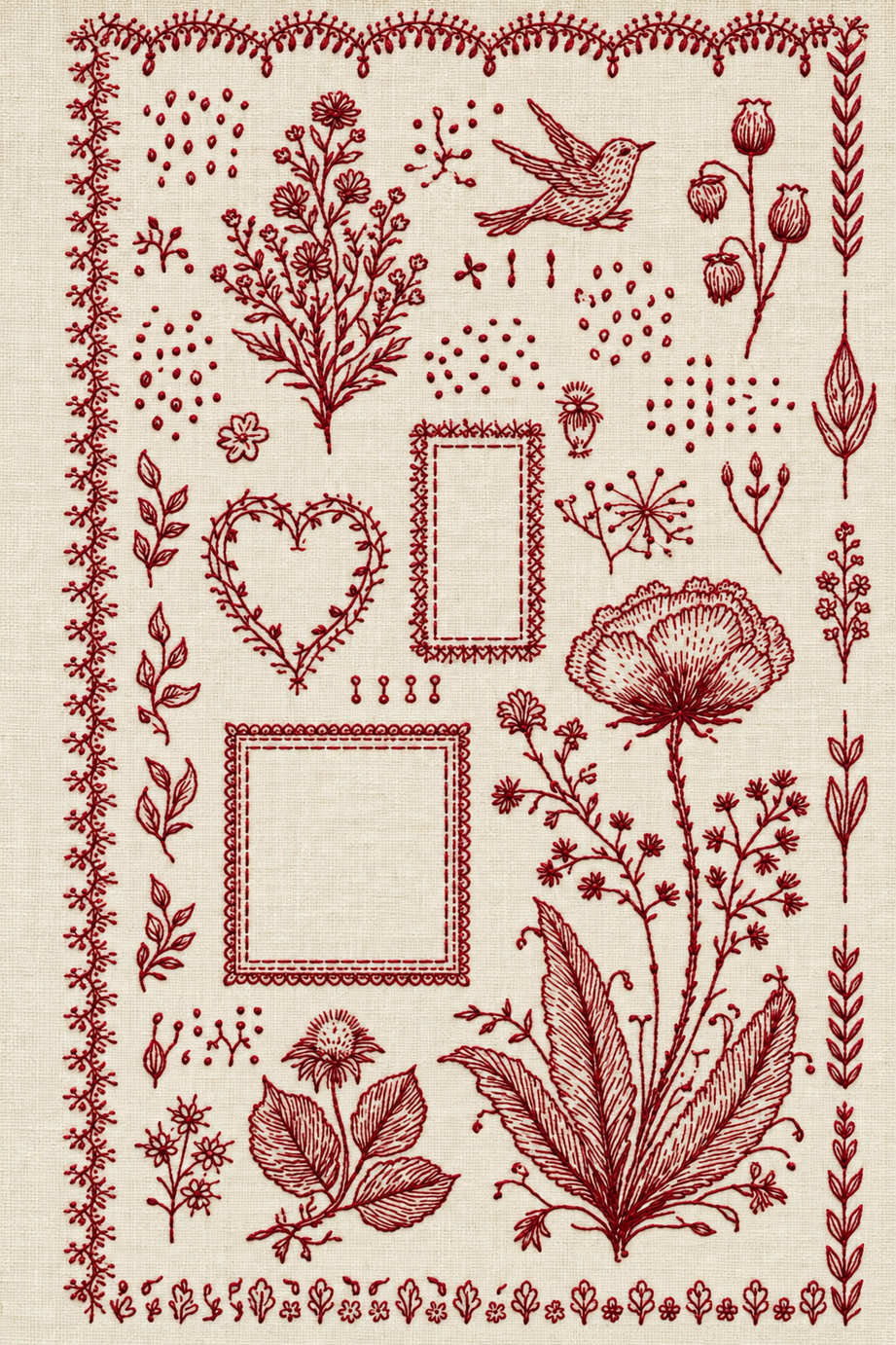 Embroidery visualization of songbird heart two frames and flower sampler in one deep garnet red matte cotton thread color on warm ivory linen.