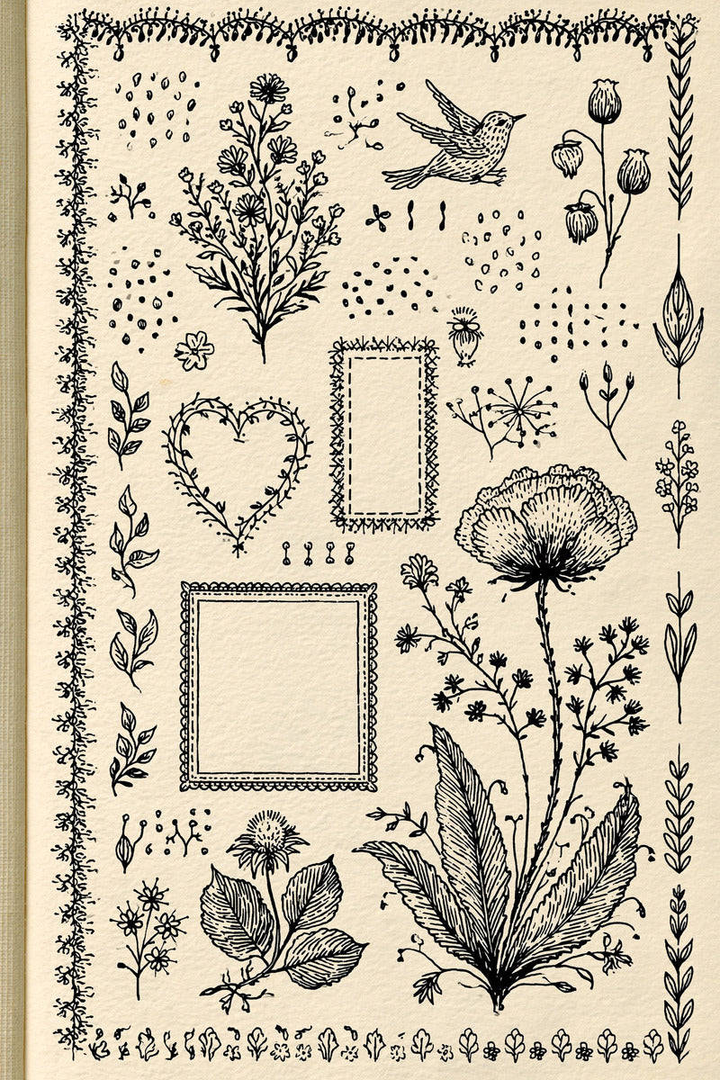 Original design plate of songbird heart two frames and flower sampler from Single Color Embroidery Designs Edition Four.