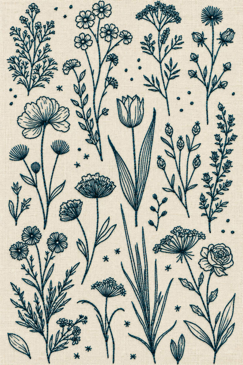 Embroidery visualization of tulip wildflowers and umbel library in one deep teal matte cotton thread color on warm ivory linen.