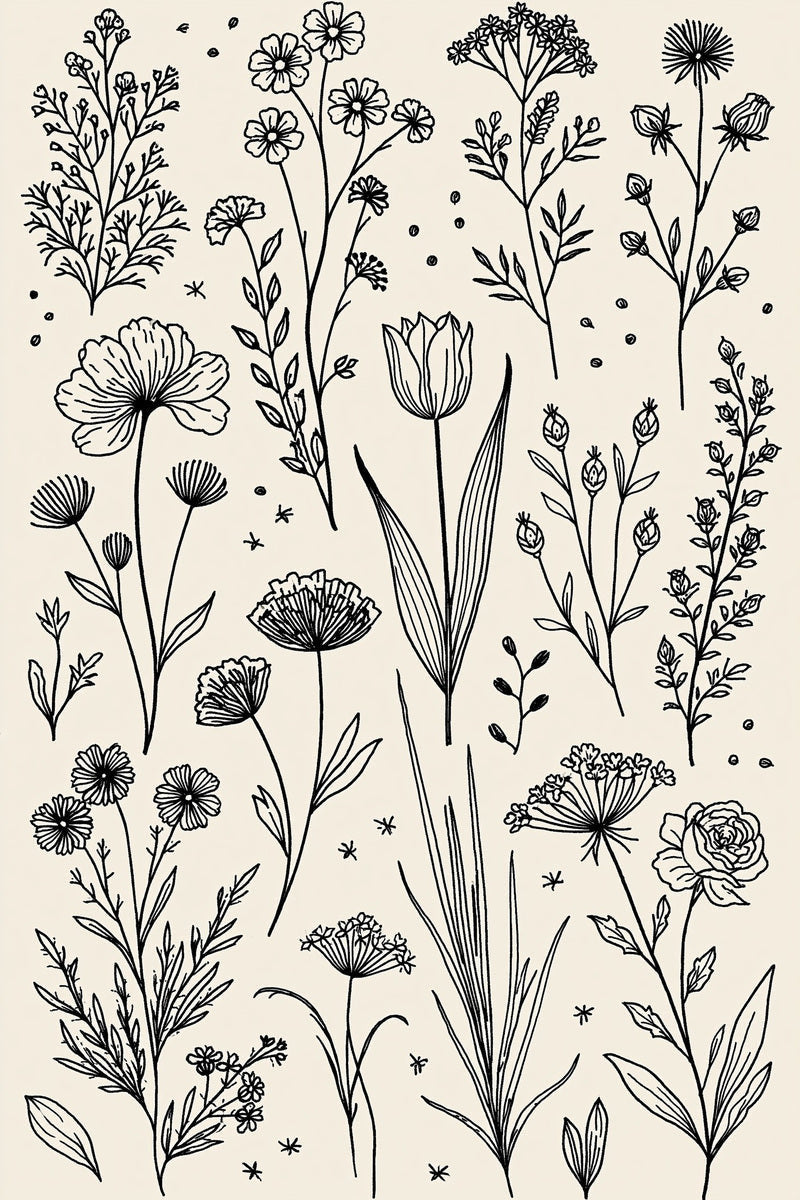 Original design plate of tulip wildflowers and umbel library from Single Color Embroidery Designs Edition Four.