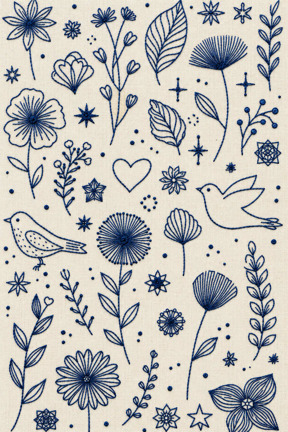 Embroidery visualization of two birds hearts and geometric florals in one deep ink blue matte cotton thread color on warm ivory linen.