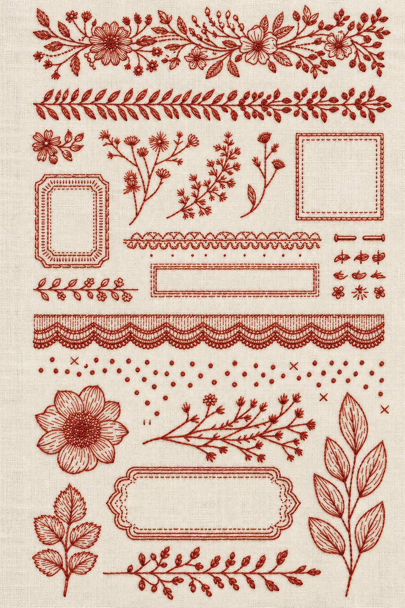 Embroidery visualization of floral leaf bands and four open frames in one muted rust red matte cotton thread color on warm ivory linen.
