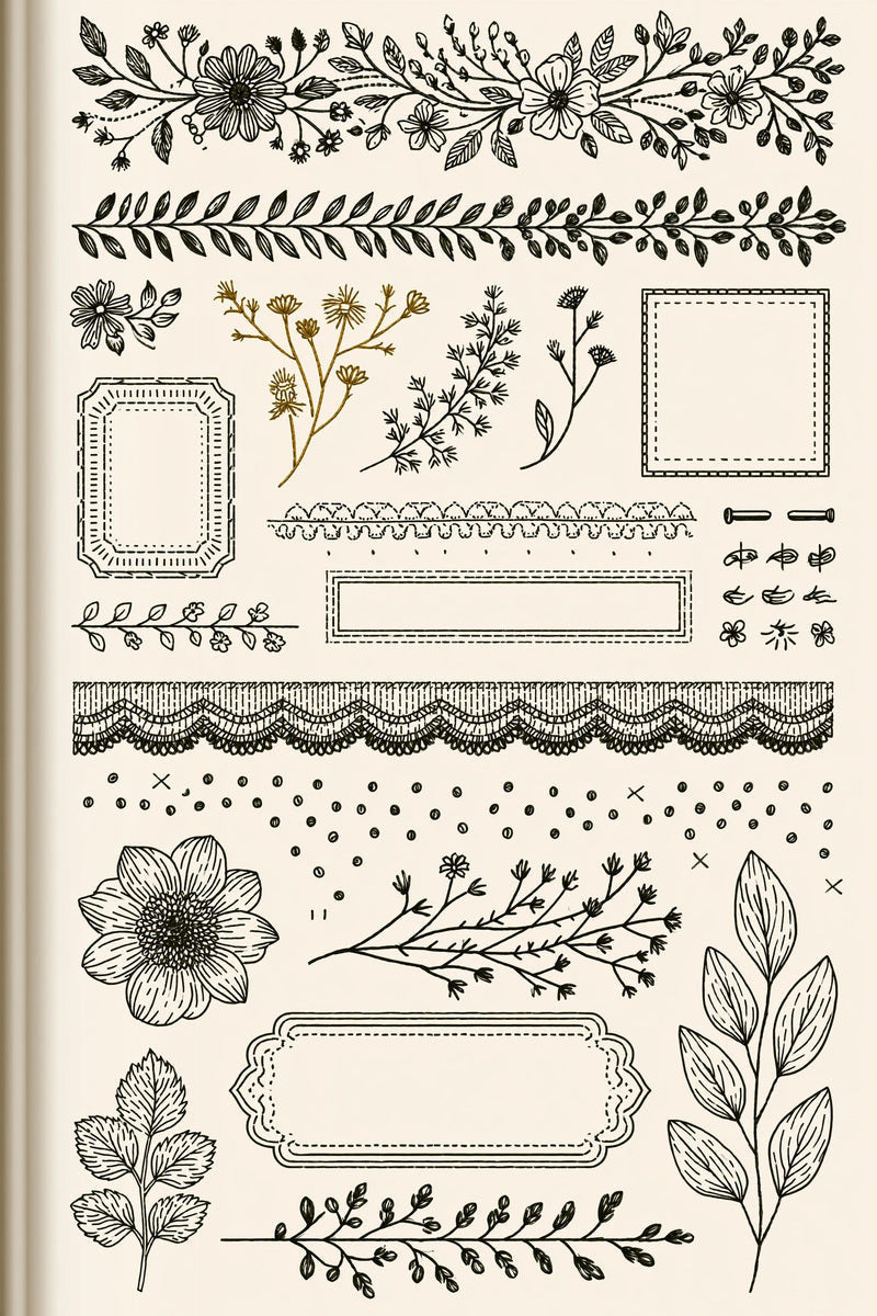 Original design plate of floral leaf bands and four open frames from Single Color Embroidery Designs Edition Three.