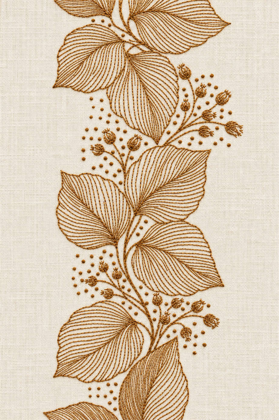 Embroidery visualization of flowing leaf veins and berry border in one antique ochre matte cotton thread color on warm ivory linen.