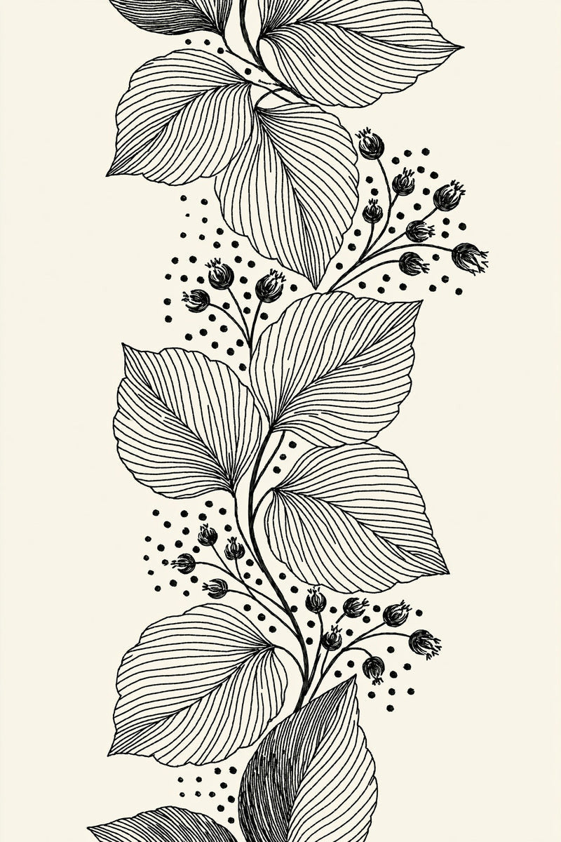 Original design plate of flowing leaf veins and berry border from Single Color Embroidery Designs Edition Three.