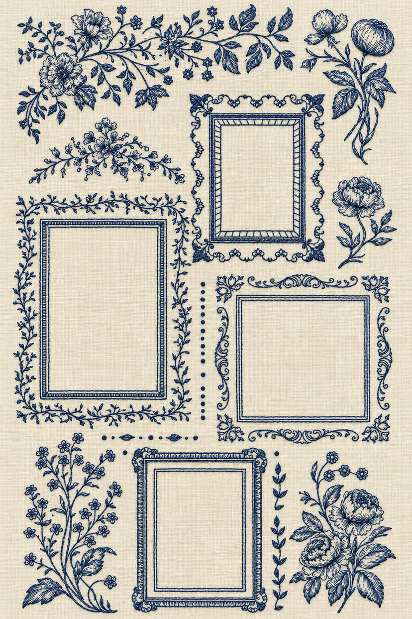 Embroidery visualization of four floral frames and botanical corners in one deep ink blue matte cotton thread color on warm ivory linen.