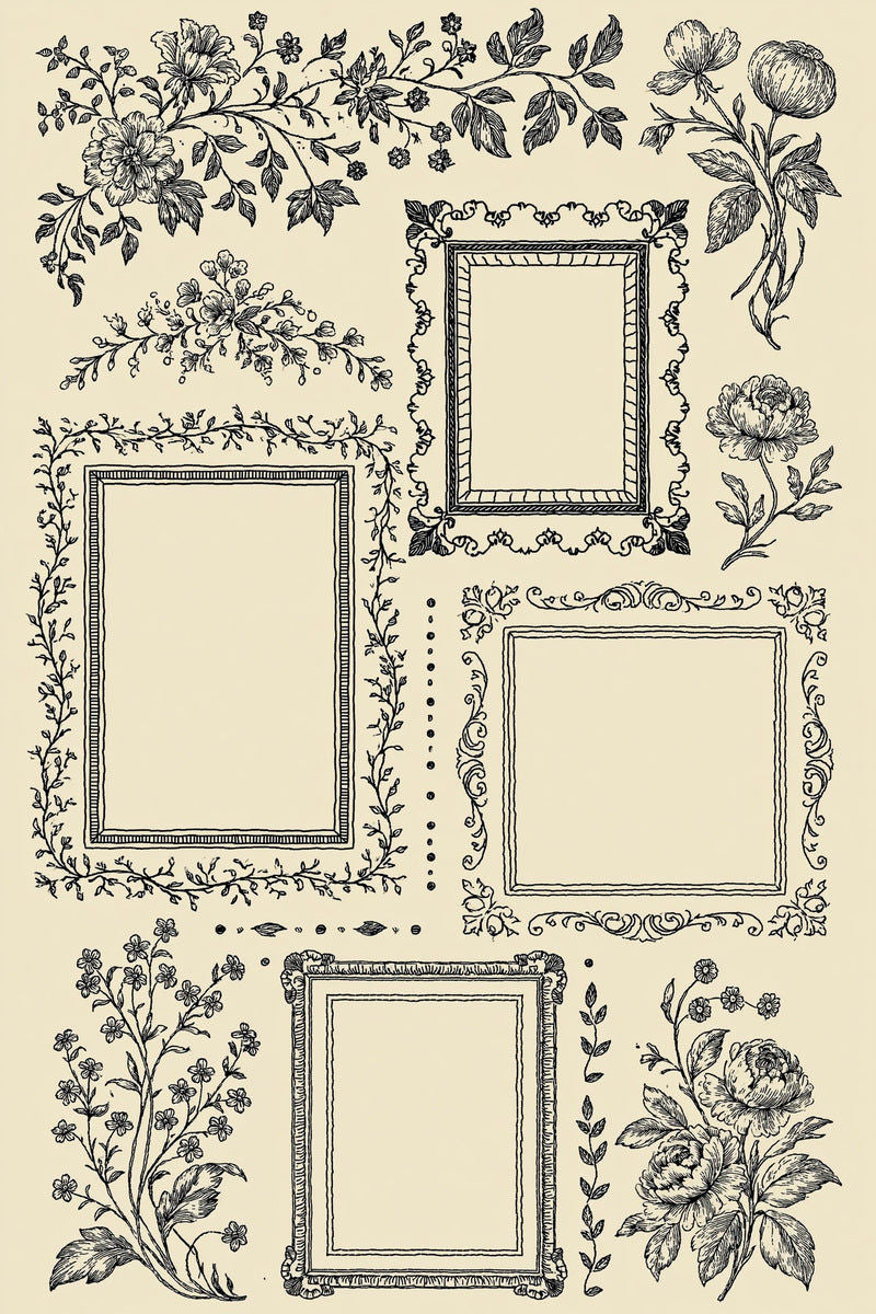 Original design plate of four floral frames and botanical corners from Single Color Embroidery Designs Edition Three.