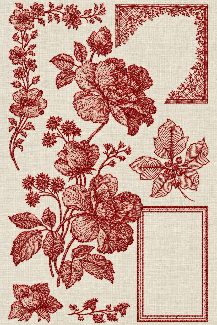 Embroidery visualization of large flowers two frames and floral border in one deep garnet red matte cotton thread color on warm ivory linen.