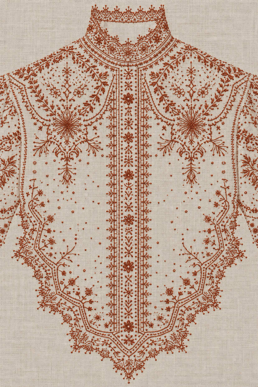 Flat embroidery illustration of an ornate high collar and garment front in one muted terracotta brown matte cotton thread color on light stone-grey linen.