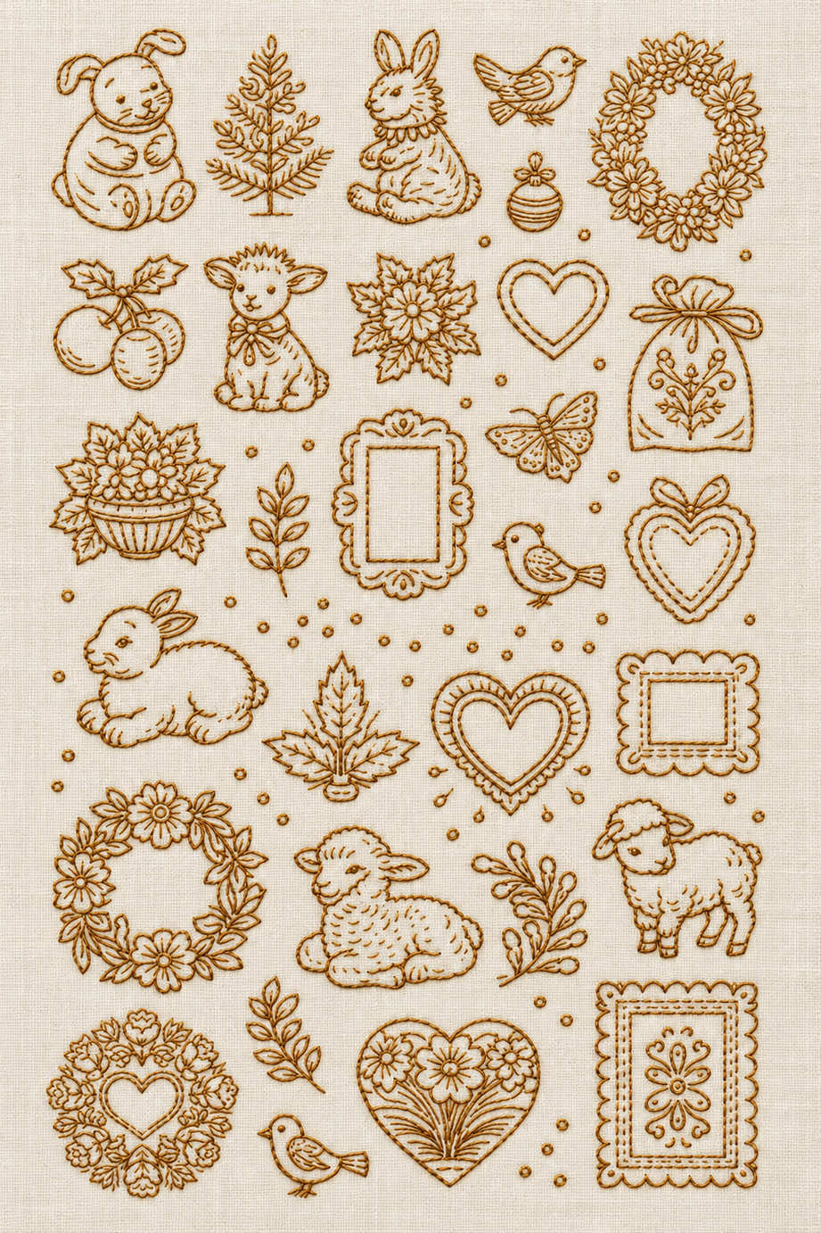 Embroidery visualization of rabbits lambs birds hearts and mini frames in one antique ochre matte cotton thread color on warm ivory linen.