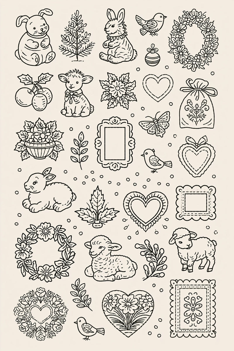 Original design plate of rabbits lambs birds hearts and mini frames from Single Color Embroidery Designs Edition Three.