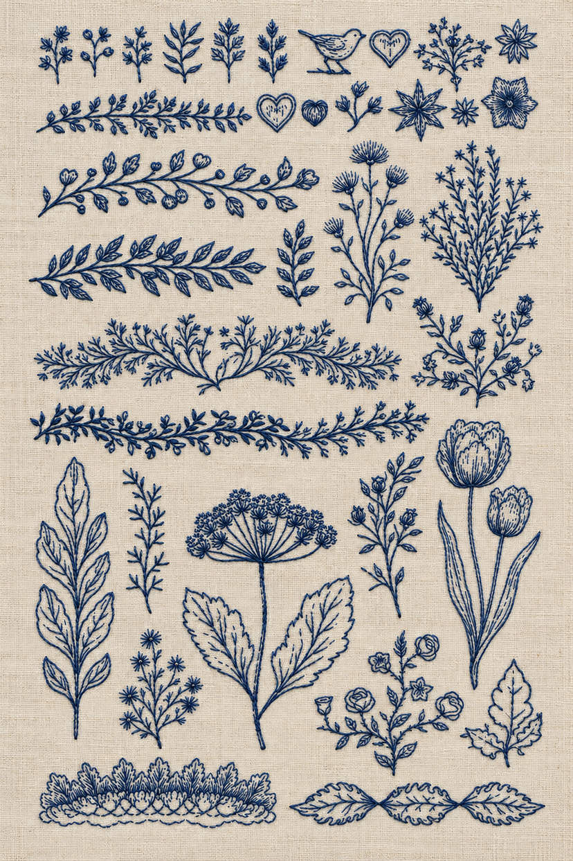 Embroidery visualization of songbird hearts and botanical border sampler in one deep ink blue matte cotton thread color on light oatmeal linen.