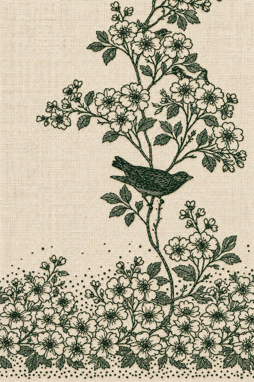 Embroidery visualization of three songbirds and flowering branch border in one deep forest green matte cotton thread color on warm ivory linen.