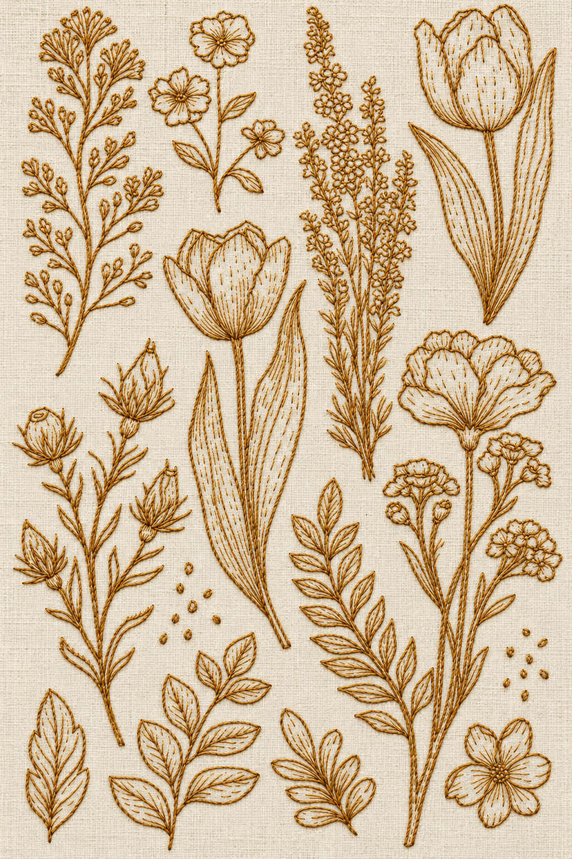 Embroidery visualization of tulips flowering stems and leaf sampler in one antique ochre matte cotton thread color on warm ivory linen.