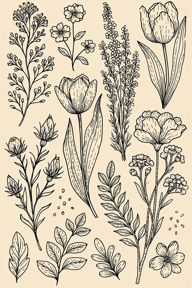 Original design plate of tulips flowering stems and leaf sampler from Single Color Embroidery Designs Edition Three.