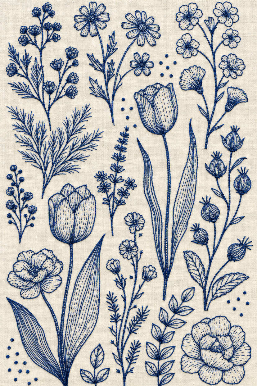 Embroidery visualization of tulips open flowers and seedhead library in one deep ink blue matte cotton thread color on warm ivory linen.