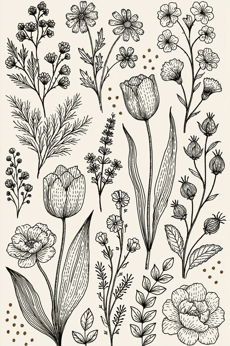 Original design plate of tulips open flowers and seedhead library from Single Color Embroidery Designs Edition Three.