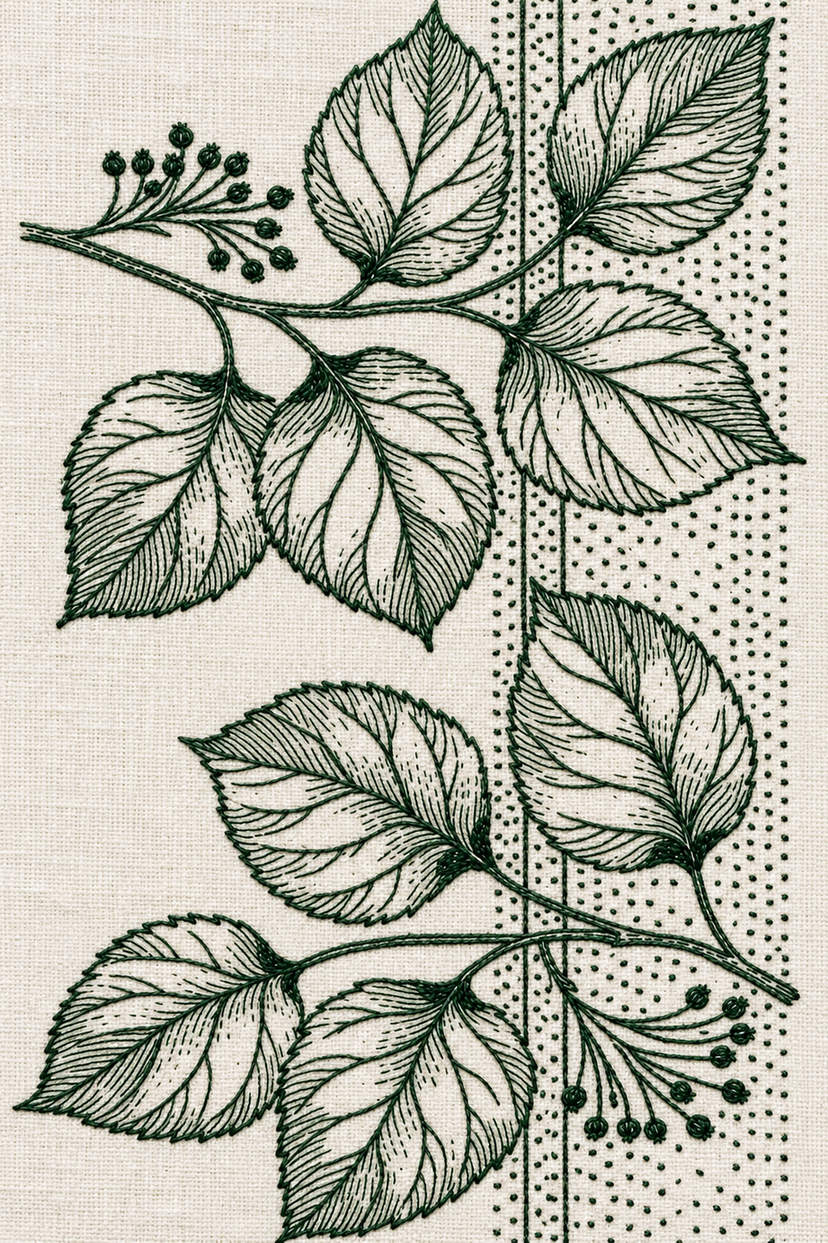 Embroidery visualization of two leafy branches and dotted vertical border in one deep forest green matte cotton thread color on warm ivory linen.
