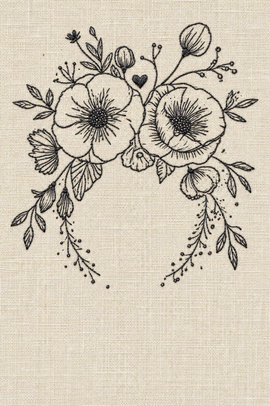 Embroidery visualization of two open flowers and dotted garland in one charcoal grey matte cotton thread color on warm ivory linen.