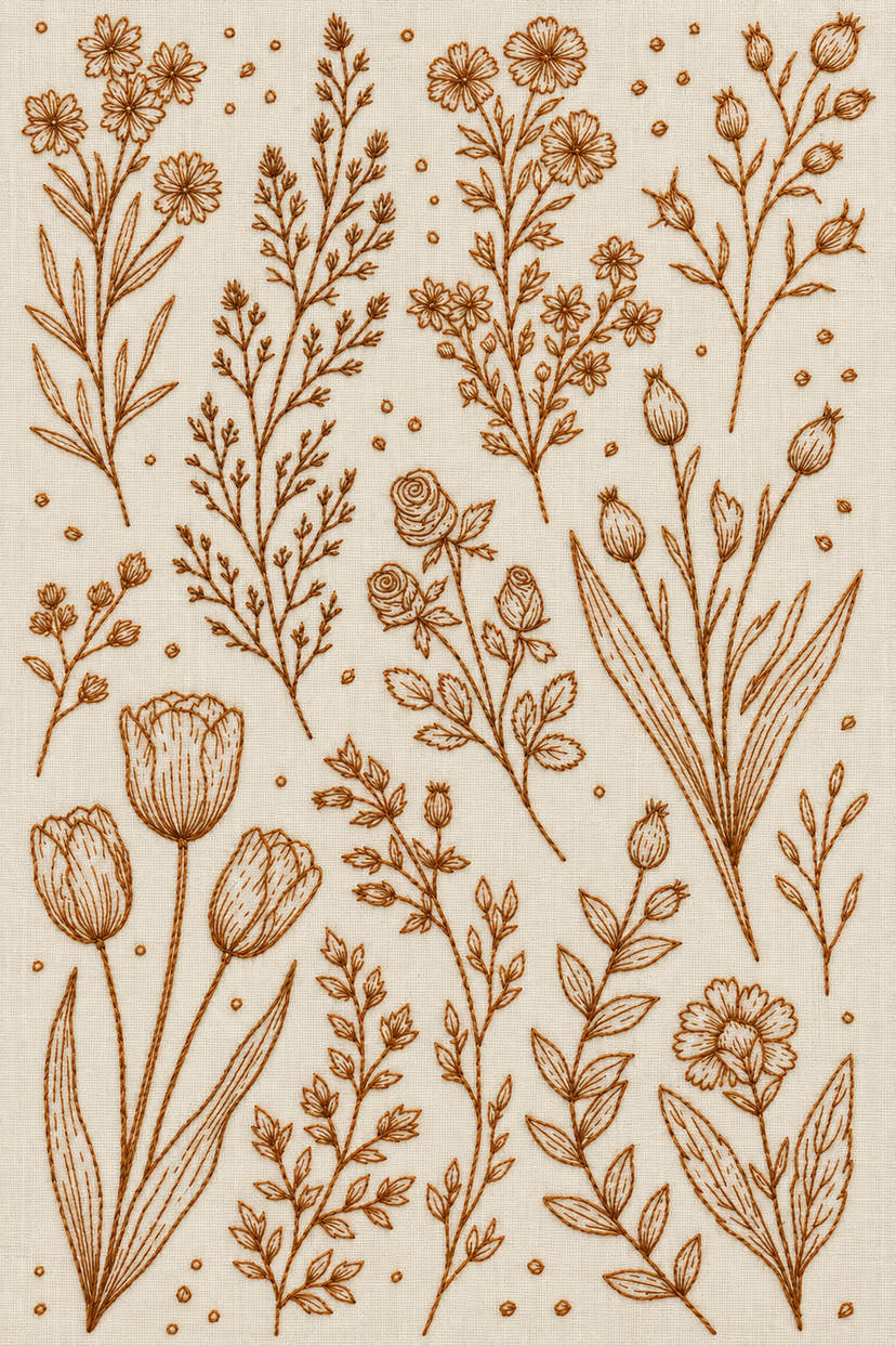 Embroidery visualization of wildflower tulip and rose sampler in one antique ochre matte cotton thread color on warm ivory linen.