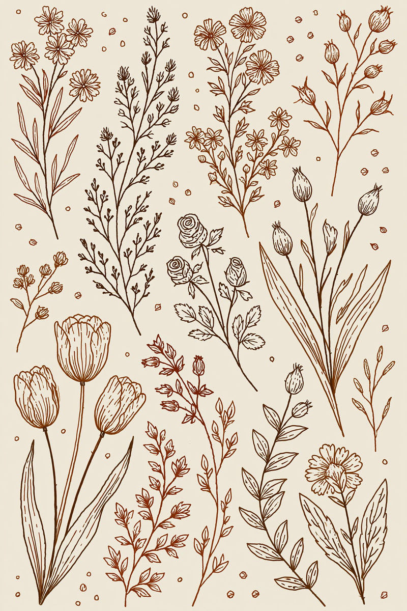 Original design plate of wildflower tulip and rose sampler from Single Color Embroidery Designs Edition Three.