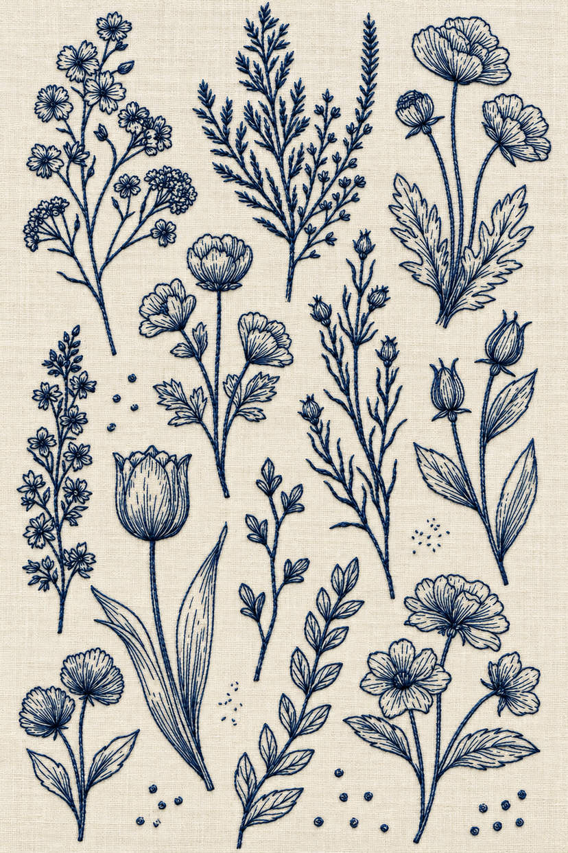 Embroidery visualization of wildflower tulip and seedpod library in one deep ink blue matte cotton thread color on warm ivory linen.