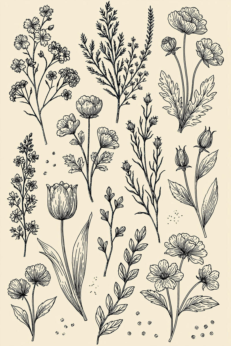 Original design plate of wildflower tulip and seedpod library from Single Color Embroidery Designs Edition Three.