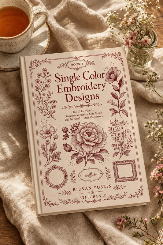 Single Color Embroidery Designs Edition Two cover displayed on a linen table beside a teacup.