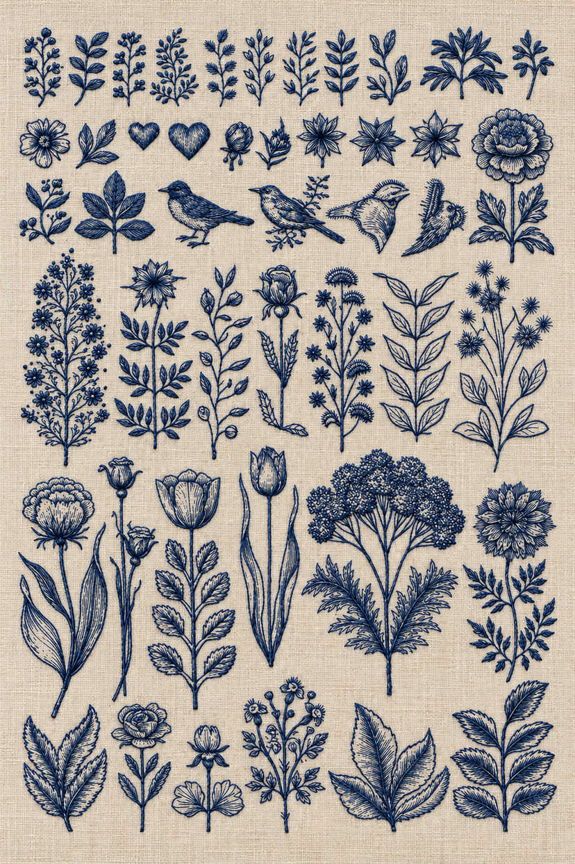 Embroidery visualization of botanical birds hearts and mini motif sampler in one deep ink blue matte cotton thread color on light oatmeal linen.