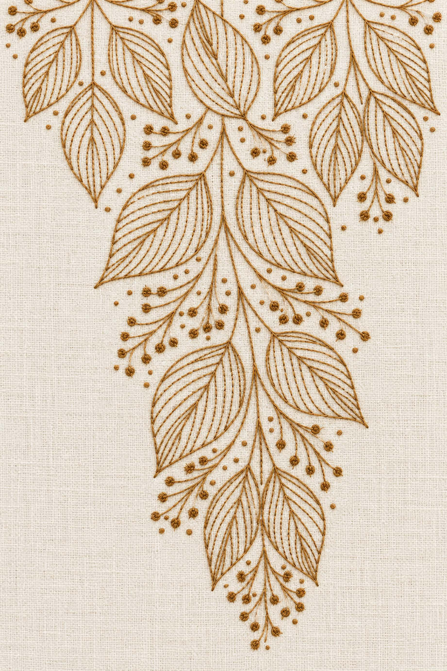 Embroidery visualization of cascading leaf and berry border in one antique ochre matte cotton thread color on warm ivory linen.