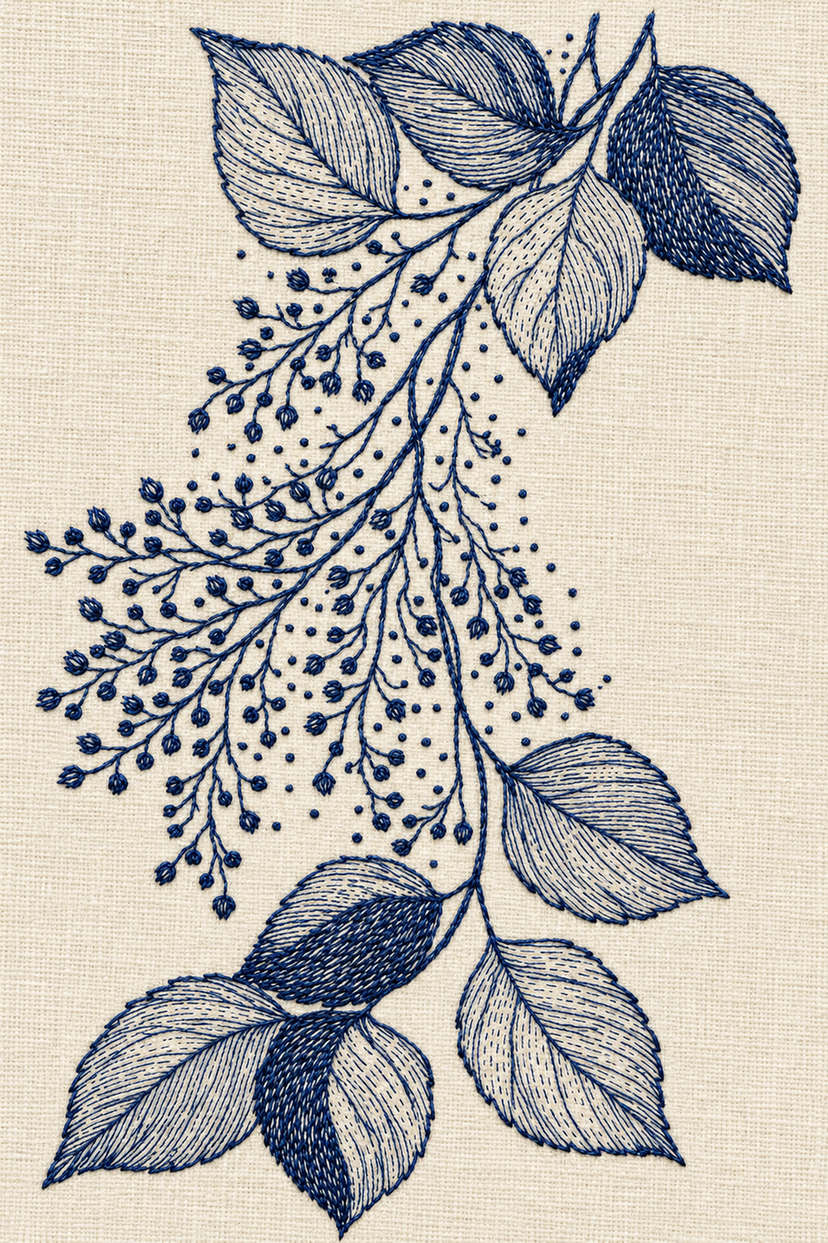 Embroidery visualization of cascading seed spray and eight leaves in one deep ink blue matte cotton thread color on warm ivory linen.