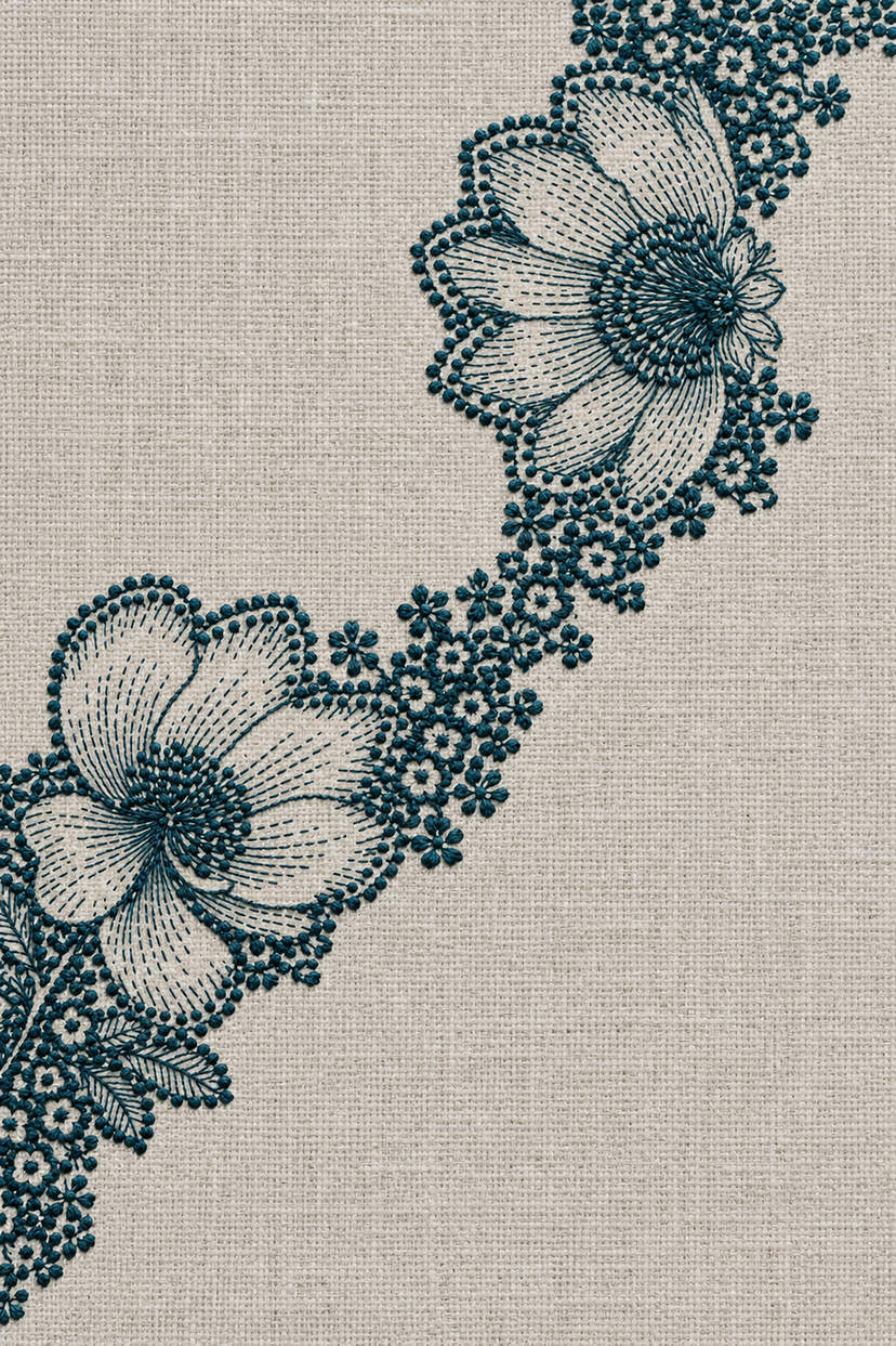 Embroidery visualization of diagonal two flower lace border in one deep teal matte cotton thread color on light stone-grey linen.