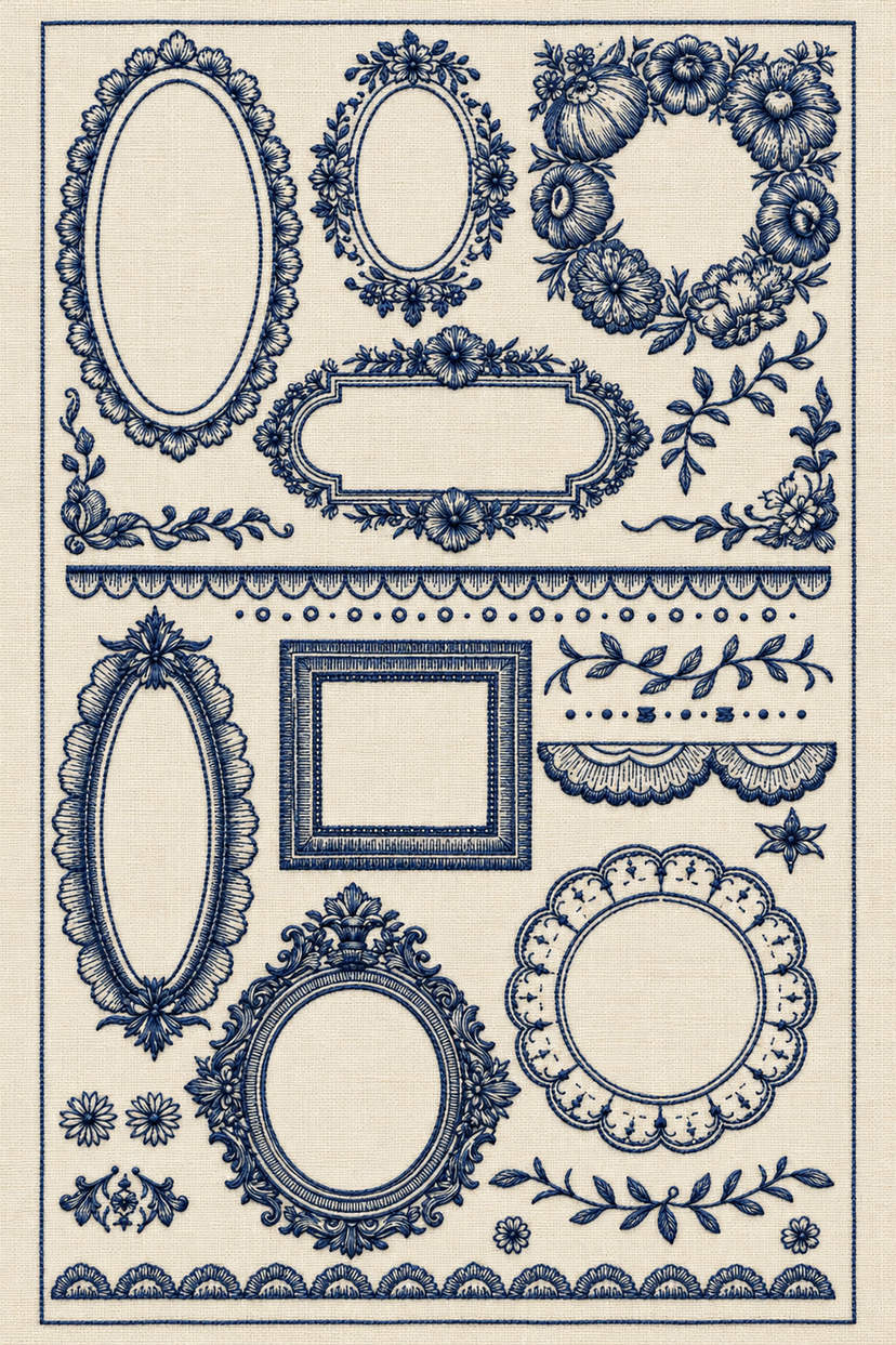 Embroidery visualization of eight ornamental frames and floral wreath in one deep ink blue matte cotton thread color on warm ivory linen.
