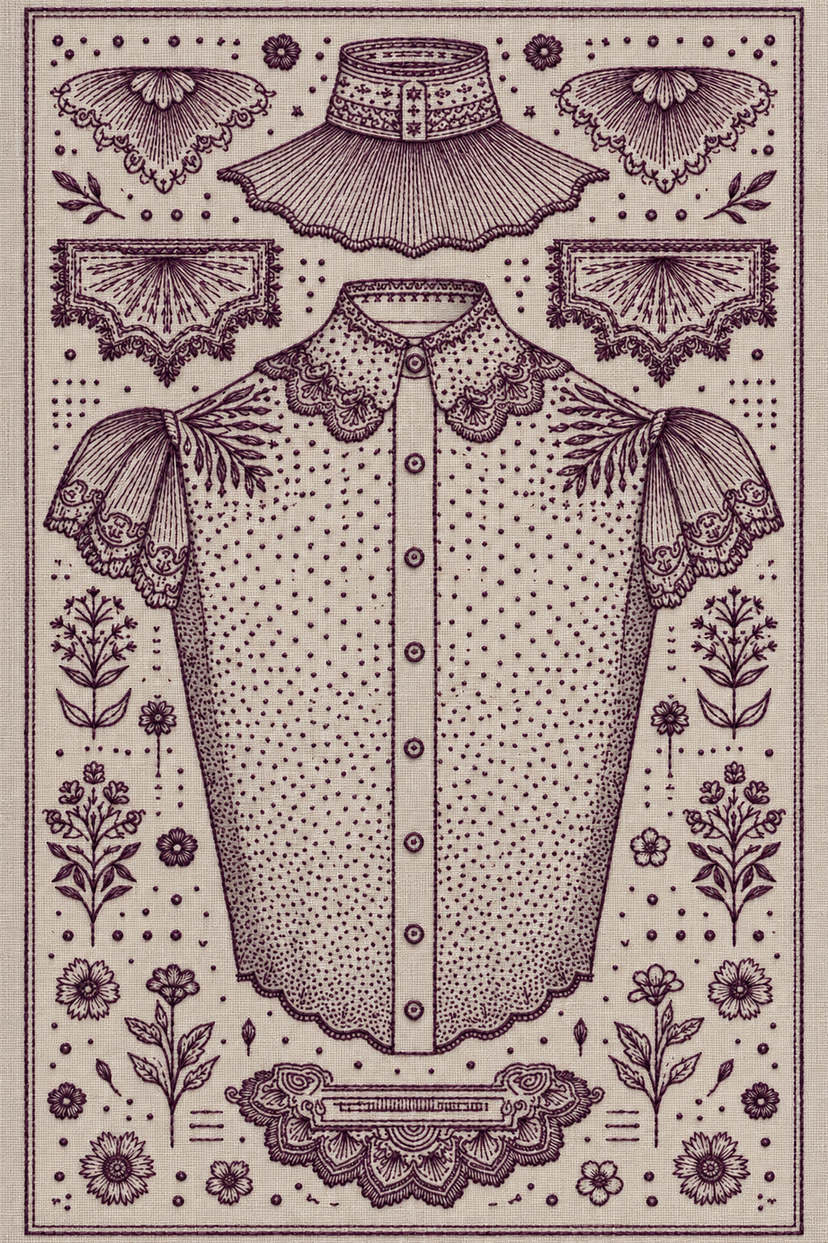 Flat embroidery illustration of a shirt, collars and garment motif sampler in one deep aubergine matte cotton thread color on light stone-grey linen.