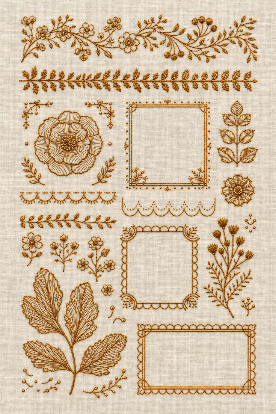 Embroidery visualization of floral leaf bands and three open frames in one antique ochre matte cotton thread color on warm ivory linen.