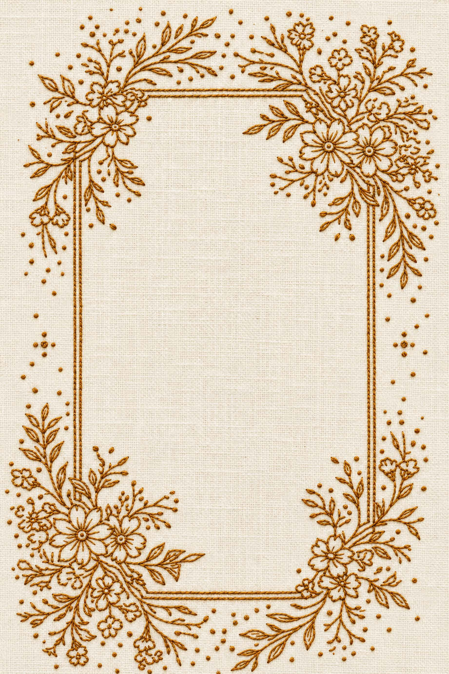 Embroidery visualization of four floral corners and open rectangle in one antique ochre matte cotton thread color on warm ivory linen.