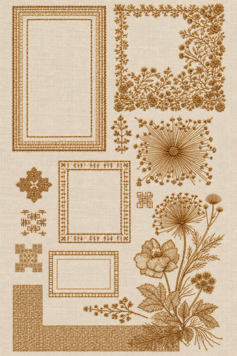 Embroidery visualization of geometric frames floral corner and seedhead sampler in one antique ochre matte cotton thread color on warm ivory linen.