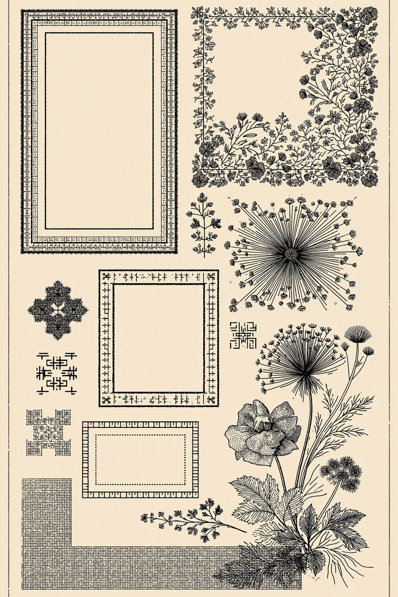 Original design plate of geometric frames floral corner and seedhead sampler from Single Color Embroidery Designs Edition Two.