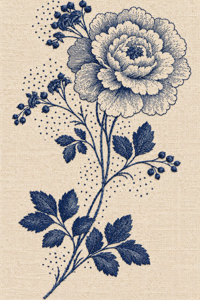 Embroidery visualization of large open rose and berry sprigs in one deep ink blue matte cotton thread color on warm ivory linen.