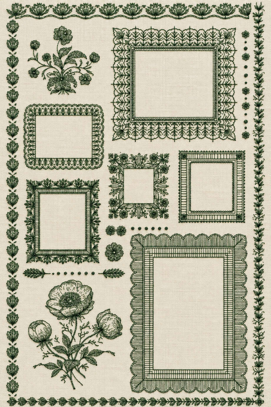 Embroidery visualization of six open frames and leaf border library in one deep forest green matte cotton thread color on warm ivory linen.