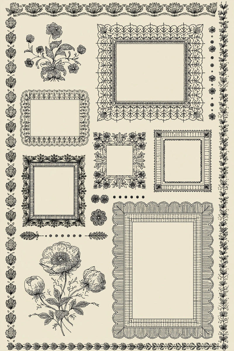 Original design plate of six open frames and leaf border library from Single Color Embroidery Designs Edition Two.