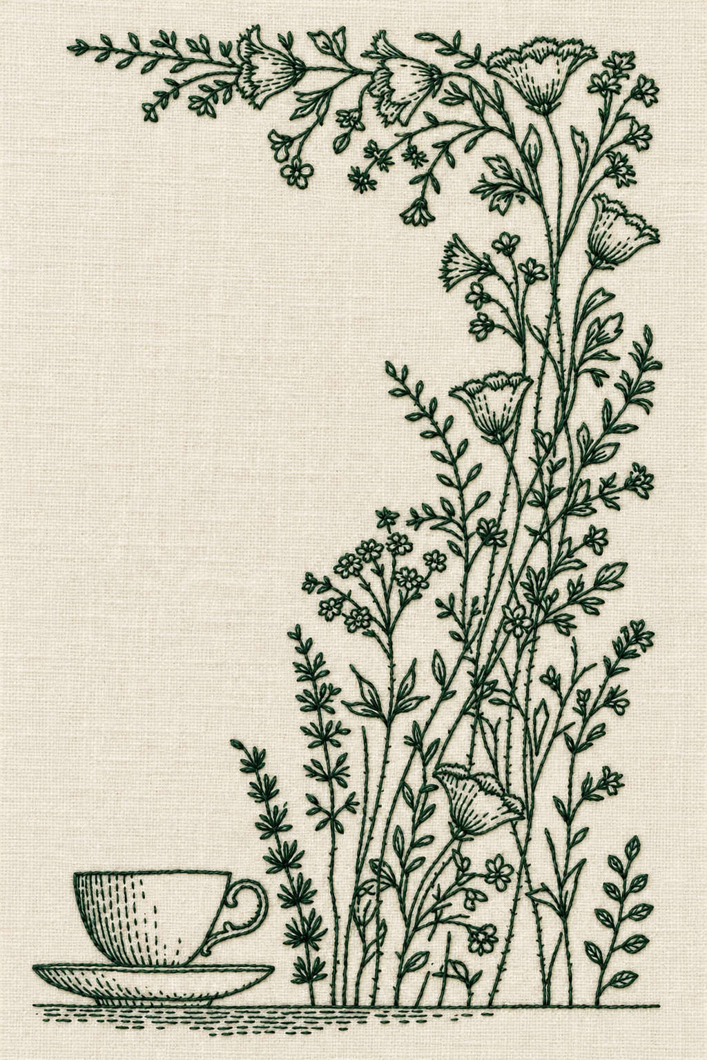 Embroidery visualization of teacup and floral corner border in one deep forest green matte cotton thread color on warm ivory linen.