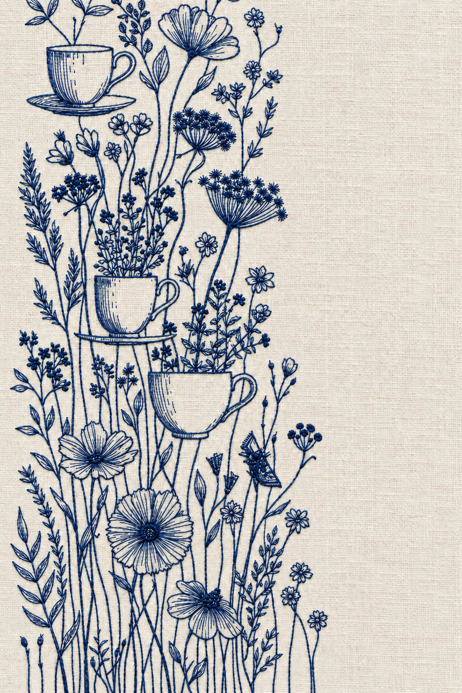 Embroidery visualization of three teacups and tall wildflower border in one deep ink blue matte cotton thread color on warm ivory linen.
