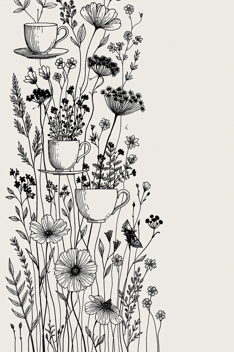 Original design plate of three teacups and tall wildflower border from Single Color Embroidery Designs Edition Two.