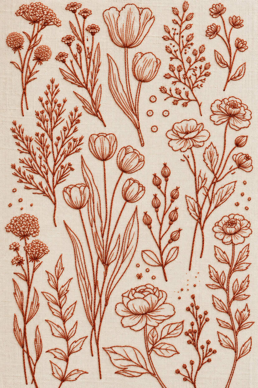 Embroidery visualization of wildflower tulips and open flower library in one muted terracotta matte cotton thread color on warm ivory linen.